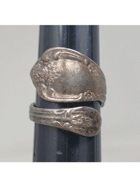 VTG Sterling Silver Spoon Ring Adj Floral Pattern Patina Unique Jewelry #RB2-4
